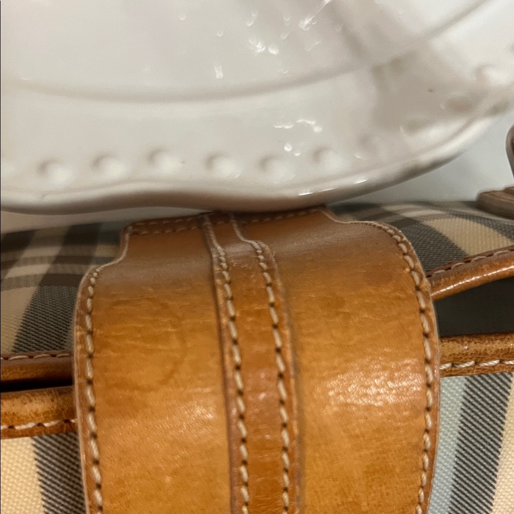 Burberry Cream and Tan Check Satchel with Leather Trim and Silver Hardware - Picture 5 of 14
